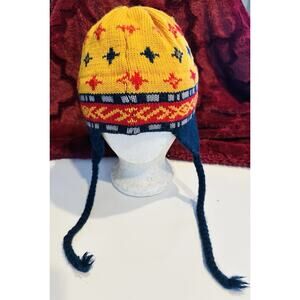 Vermont Originals Retro Knit Wool Ski Beanie Winter Hat Nordic Yellow Navy Vtg